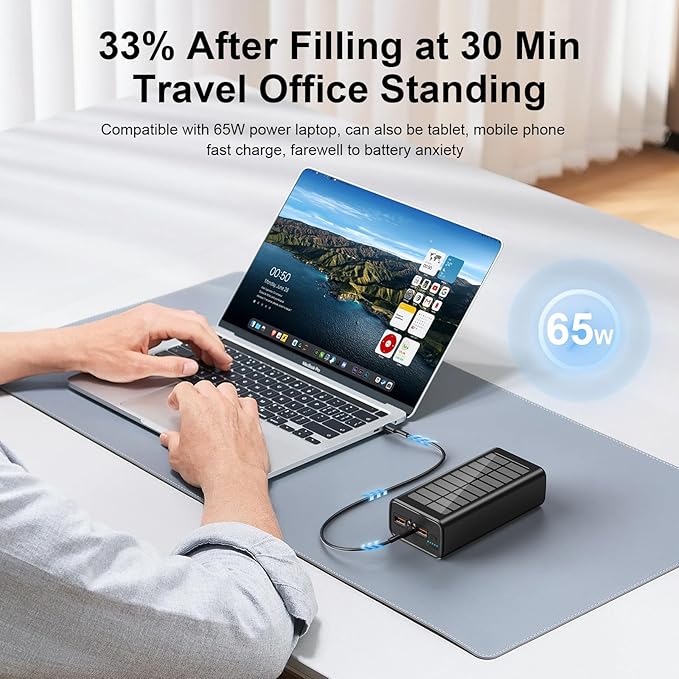 Solar Power Bank, 50000mAh 65W USB C Laptop Portable Charger, Tablet Powerbank, LED Flashlight, Power Bank Fast Charging Battery Pack Compatible with Samsung, iPad, MacBook