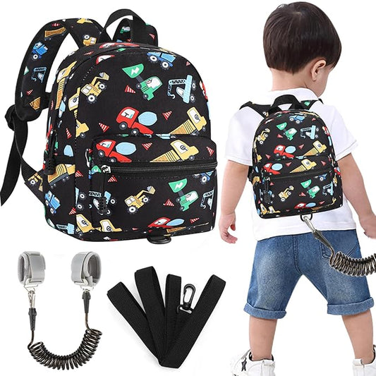Accmor Toddler Harness Backpack Leash, Cute Excavator Kids Backpack with Anti Lost Wrist Link for Outdoor Walking, Mini Black Child Backpack Wristband Tether Leashes for Boys Girls Aged 1-3 Years Old