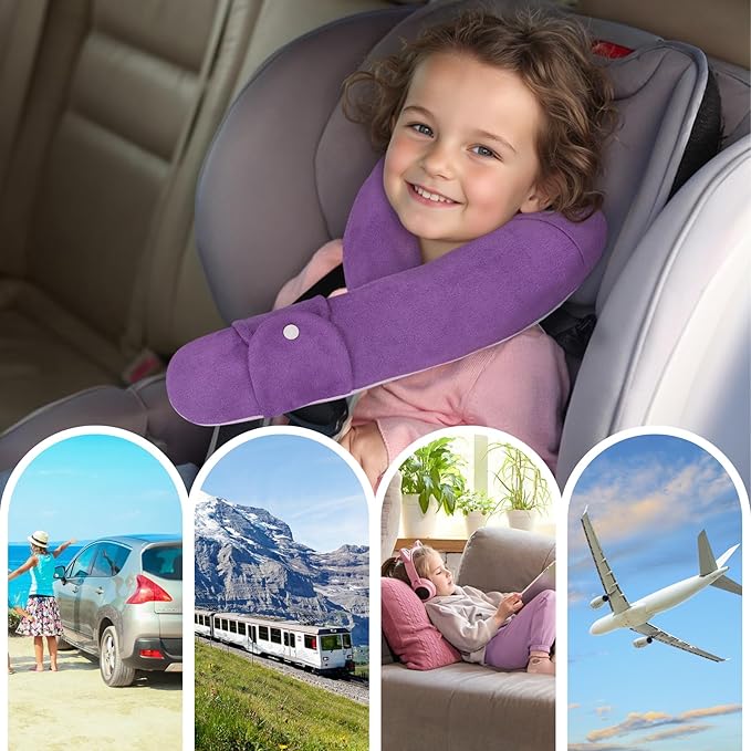Kids Travel Neck Pillow, Comfortable Head & Chin Support for Car seat & Airplane, Toddler Pillow for Sleeping on Road Trip, Gifts for Child (Deep Purple & Light Purple)
