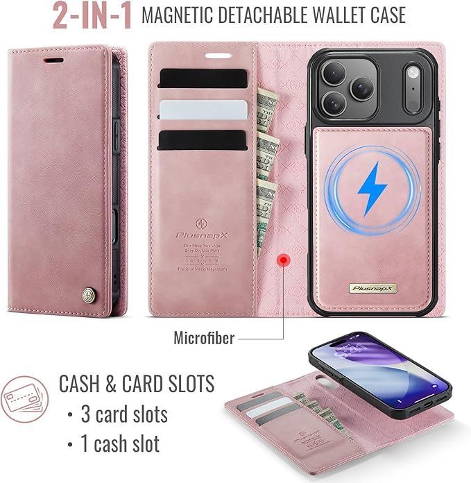 PlusnapX Wallet Case for iPhone 17 Pro Compatible with Magsafe, 2-in-1 PU Leather Flip RFID Blocking Card Holder Stand Shockproof Magnetic Detachable Cover for iPhone 17 Pro Case 6.3", Pink