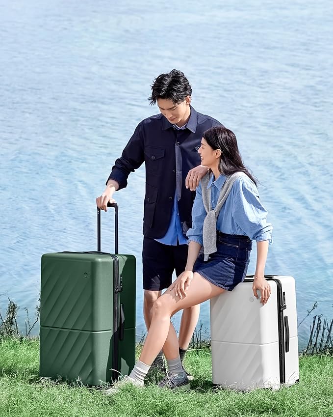 NINETYGO Trunk Luggage 24 Inch, Medium Checked Luggage with Double Spinner Wheels, Anti-Burst Zipper, Hard Case PC Suitcase, Lightweight Travel Luggage, TSA Approved (Pearl White, Hudson)