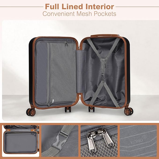 Kono Carry On Luggage 22x14x9 Airline Approved Lightweight Hardside Suitcase with Spinner Wheels & Built-in TSA Lock (Black, 20 Inch)