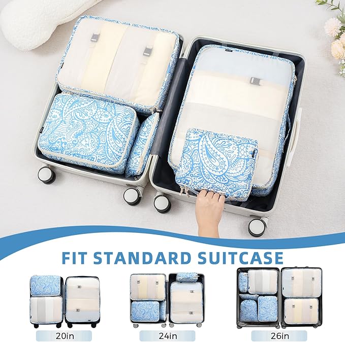 BAGAIL 8 Set Packing Cubes Luggage Packing Organizer Bags for Travel Accessories-Blue paisley