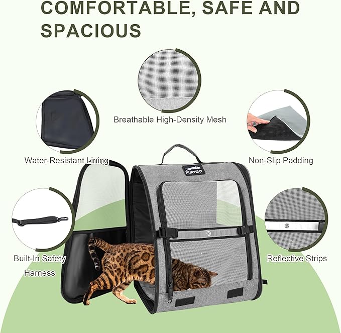 Pet Backpack Carrier for Small Dogs and Cats, Comfortable Portable Cat Bag for Travel Use with Ventilated Mesh, Safety Strap, and Easy-Clean Waterproof Fabric, Grey