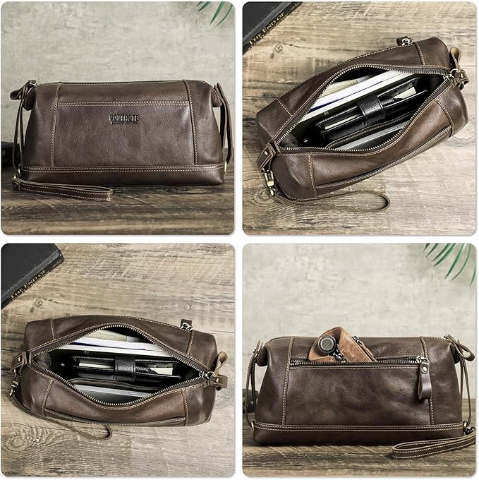 Travel Organizer Bag, Top Grain Leather, Handmade Vintage Design, Large Size & Multi Pockets, Portable Travel Storage Bag for Phone, USB Cable, Charger, Notebook, Cash, Cosmetics, Toiletries