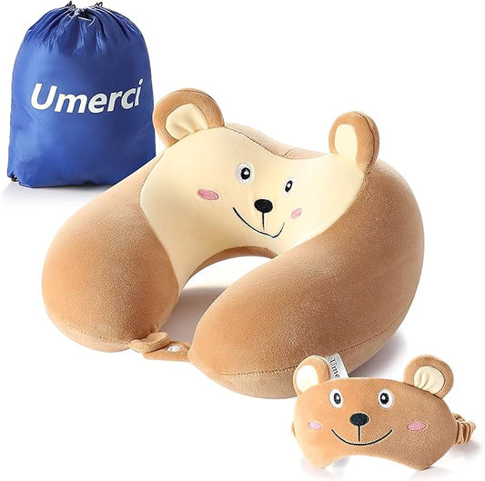 Umerci Travel Pillow, Memory Foam Neck Pillow with 360-Degree Head Support Comfortable Airplane Pillow with Storage Bag Lightweight Traveling Pillow for Sleeping, Car, Train, Bus and Home Use (Bear)