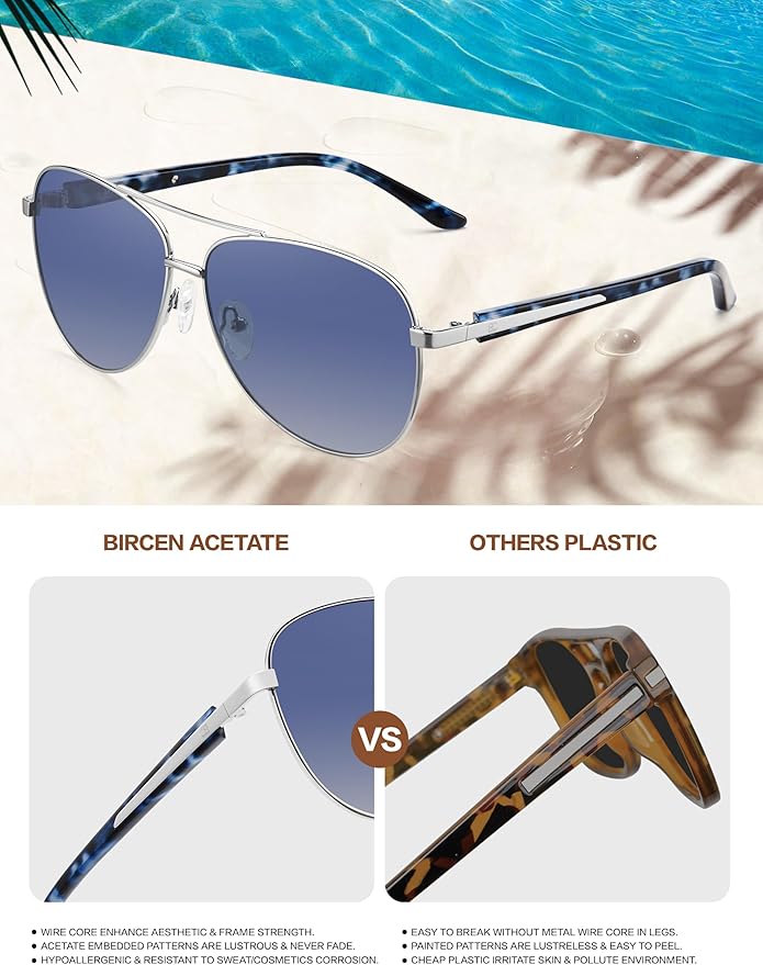 BIRCEN Polarized Aviator Sunglasses for Women : UV Protection Acetate Square Sunglass With Retro Classic Style