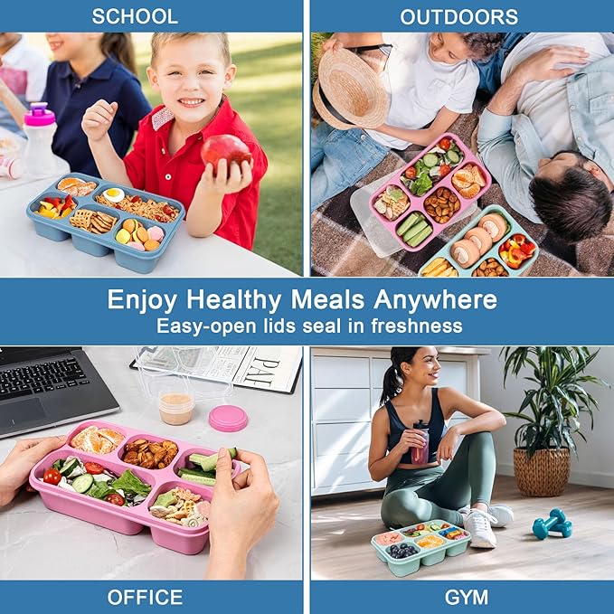 Caperci Bento Box Adult Lunchable Container - Reusable 3-Pack Snack Box Containers with 5-Compartment & 3pc Dressing Cups, BPA-Free Food Storage for Meal Prep, School, Work (Dark & Clear Lids)