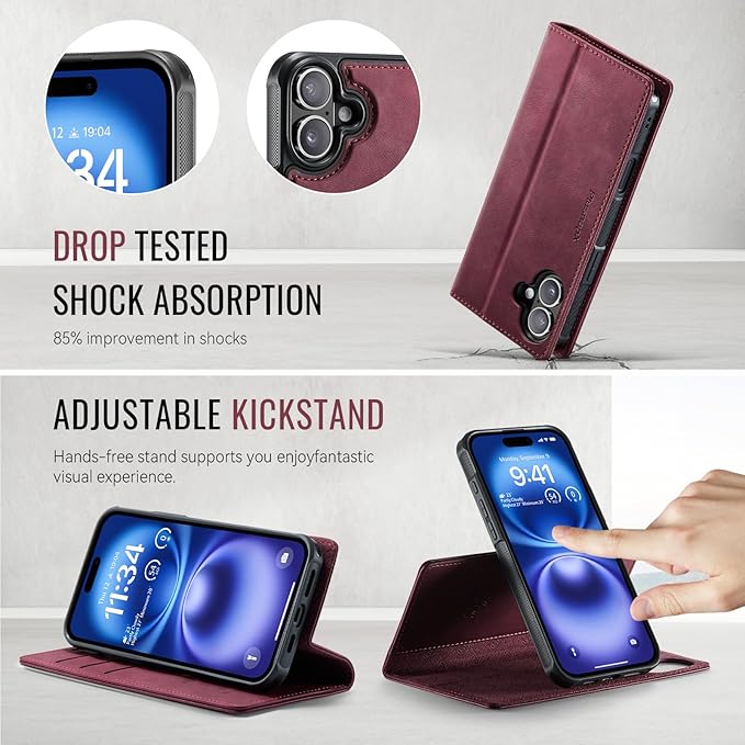 PlusnapX Wallet Case for iPhone 17 Compatible with Magsafe, 2-in-1 PU Leather Flip RFID Blocking Card Holder Stand Shockproof Magnetic Detachable Case for iPhone 17 Case 6.3", Burgundy