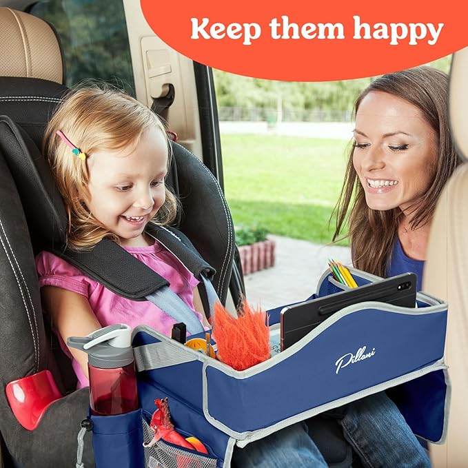 PILLANI Kids Travel Tray for Car - Car Seat Tray for Kids Travel, Road Trip Essentials Must Haves - Carseat Table Roadtrip Activities - Toddler Lap Desk Organizer for Airplane - Kids Travel Essentials