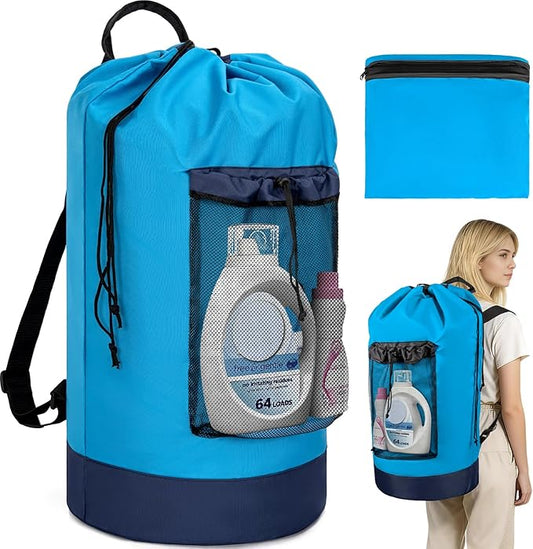 Laundry Bag Backpack with Shoulder Straps and Mesh Pocket Foldable Clothes Hamper Bag with Drawstring Closure for College, Apartment, Laundromat (Blue)