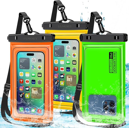 Floatable 3 Pack Multicolor Universal IP68 Floating Waterproof Phone Pouch,Adjustable Neck Lanyard Waterproof Phone Case Dry Bag for Apple iPhone,Samsung,and up to 8.3" Yellow,Orange,Green