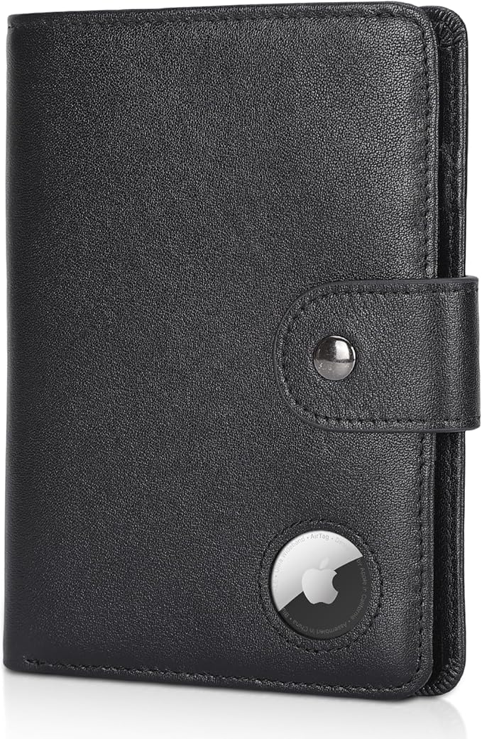 Polare Luxury RFID Blocking Leather Passport Holder Travel Wallet For Men and Women (Black with AirTag Slot(Snap Version))