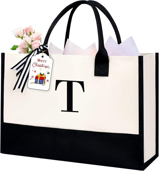 BAGAIL Initial Tote Bag, Personalized Birthday Gifts for Women, Teacher, Friends, Mom, Wedding, Monogrammed Beach Bag