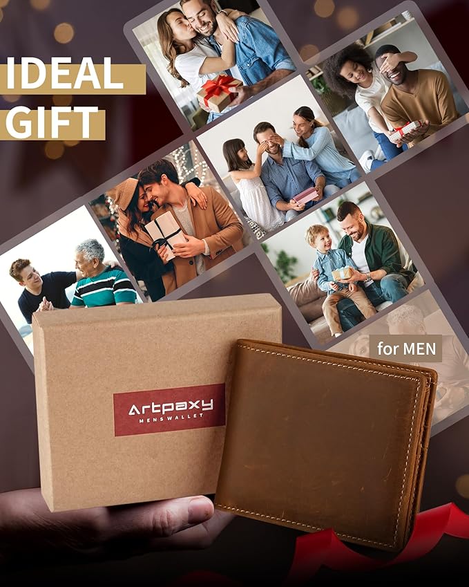 Artpaxy Mens Wallet Bifold Genuine Leather RFID Blocking Wallet for Men with 2 ID Windows 11 Card Holders 2 cash pockets 1 Gift Box