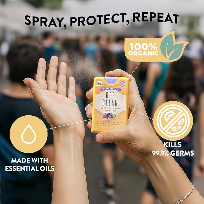 Organic Beeswax Hand Sanitizer Spray - 4-Pack (2 Lavender + 2 Citrus Peppermint), Travel Size Mist Spray with Organic Ethyl Alcohol, Moisturizing with Essential Oils, Non-Toxic, Made in USA