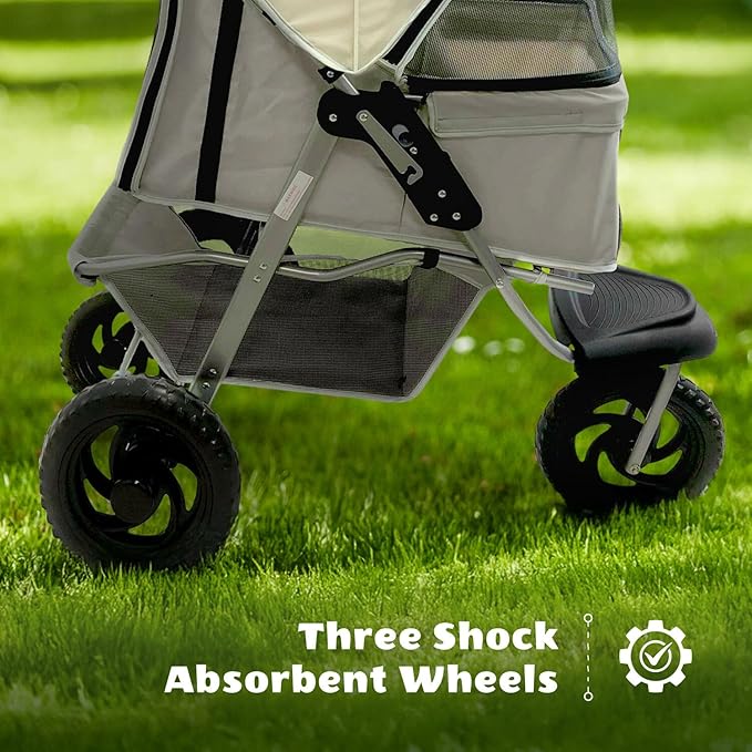 Critter Sitters 4-Wheel Dog Stroller for Medium or Large Sized Dogs & Cats with Scratch Resistant Breathable Mesh Windows and Safety Leash, Storage Basket, Cup Holders, Lockable Wheels, Light Grey