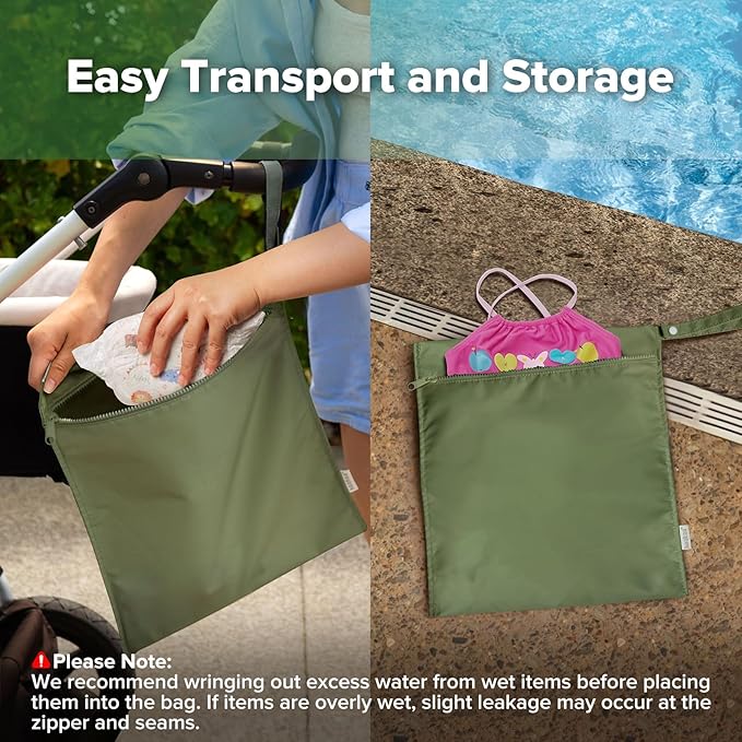 haakaa Waterproof Wet Bags for Baby Wet Dry Bags for Cloth Diaper, Swimsuit & Travel, 2pcs, Olive Green