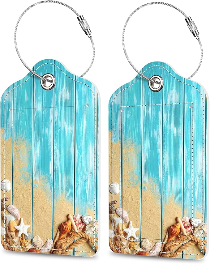 Luggage Tags for Suitcase Rope Shells Sea Sand on Blue Wooden 2 PCS Leather Travel Cruise Luggage Tag with Stainless Steel Loop Name ID Label Privacy Cover for Women Men Travel Bag Labels Set