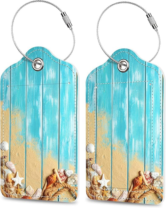 Luggage Tags for Suitcase Rope Shells Sea Sand on Blue Wooden 2 PCS Leather Travel Cruise Luggage Tag with Stainless Steel Loop Name ID Label Privacy Cover for Women Men Travel Bag Labels Set