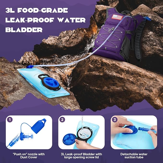 Maelstrom Hydration Hiking Backpack with 2L/3L Water Bladder, High Flow Bite Valve Camping Daypack Lightweight