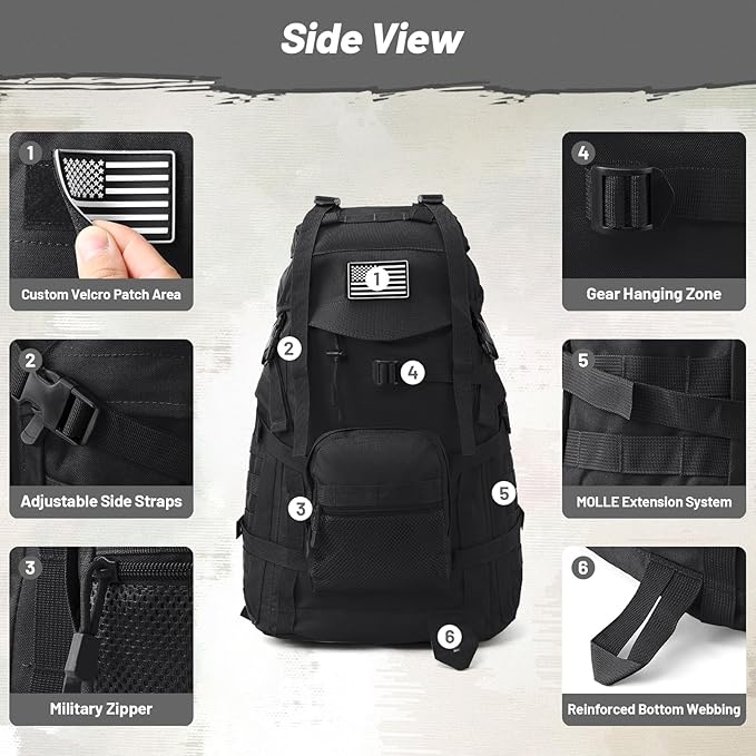 AUMENTAR 50L Tactical Backpack for Men and Women, Water-Resistant Molle Rucksack, Large Military Assault Pack for Hiking, Hunting, Camping, Gym & Outdoor Survival Black