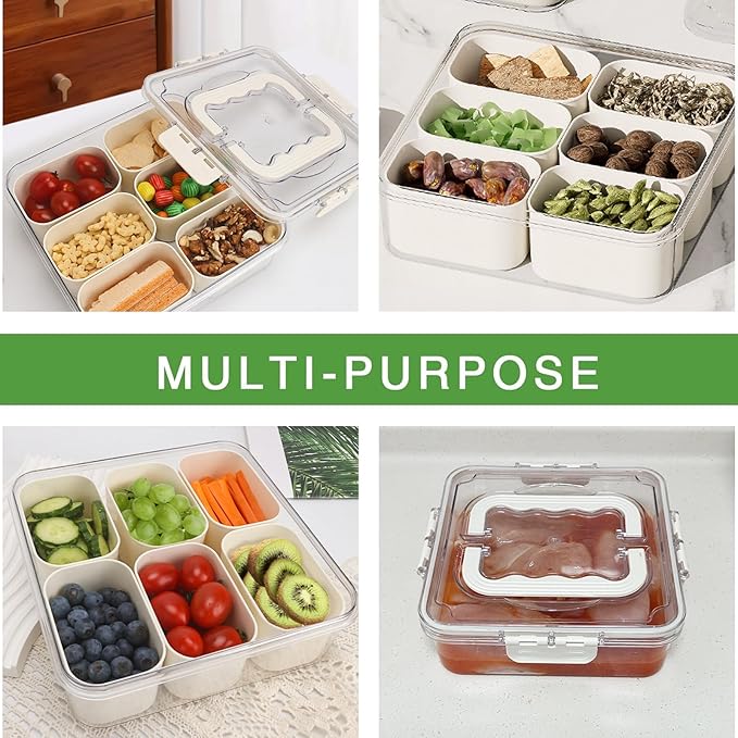 SMALL Divided Serving Tray with Lid and Handle, Portable Snack Box Container, 6 Compartments Veggie Fruit Snackle Tray, Charcuterie Platter Container for Party, Nuts, Snacks, Picnic,2 Pack, SMALL SIZE