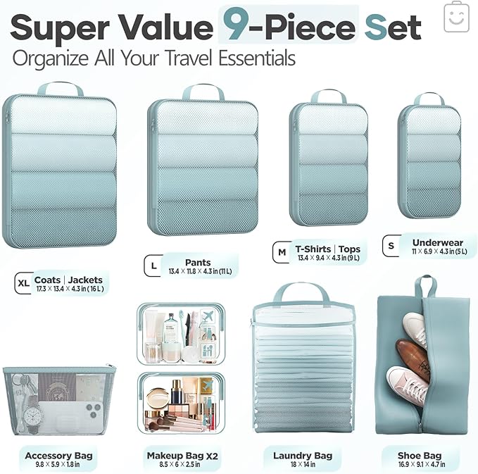 Veken 9/11 Set Compression Packing Cubes for Travel Essentials,Compressible Expandable Large Luggage Suitcase Organizer Bags for Clothing,Durable Space Saver Storage Bags with Toiletry Bags(Blue Gray)