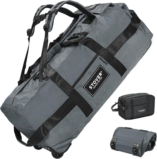 STOVER 80L Rolling Duffel Bag with Wheels, Large Durable Travel Duffle + Toiletry Bag, Heavy Duty, Packable, Foldable with Shoulder Straps- Use as Luggage or Backpack, Men/Women (Grey)