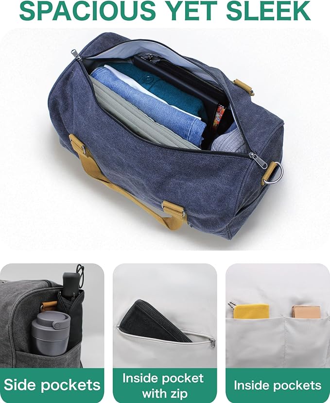 Duffle Bag for Travel, Gym Bags for Men, Weekender Bags for Women, Carry On Bag with Luggage Sleeve, Canvas Bag with Shoulder Strap (Navy)