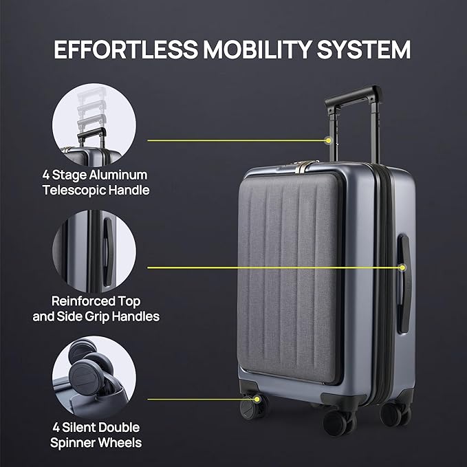 NINETYGO Carry on Luggage 22X14X9 Airline Approved with Front Pocket, 20 Inch Luggage with Front Compartment, Expandable, Double Spinner Wheels, Hardsided PC, TSA Lock (Black, Seine Max)