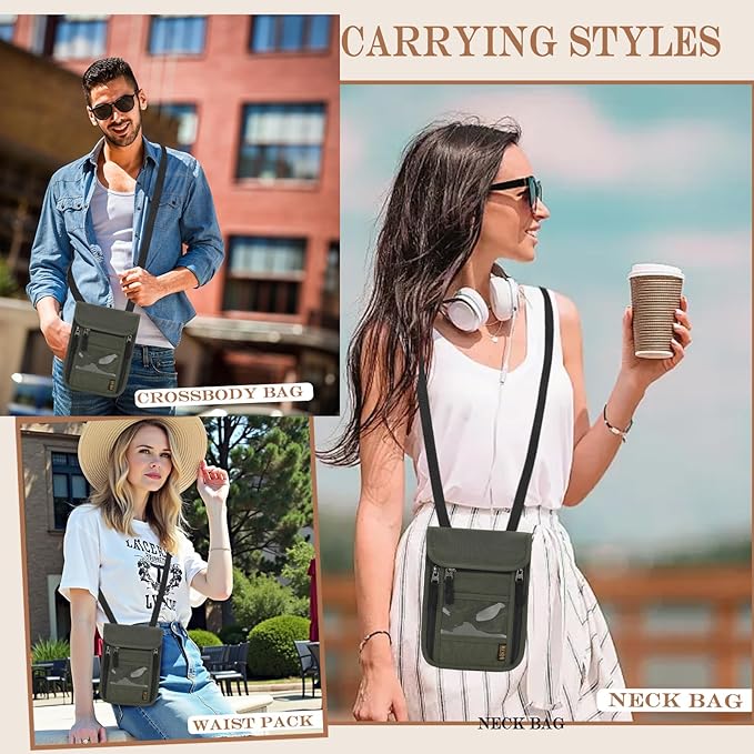 Passport Holder for Travel, Neck Pouch Travel Wallet With RFID Blocking, Waterproof Lightweight Passport Wallet for Women and Men (Army Green)