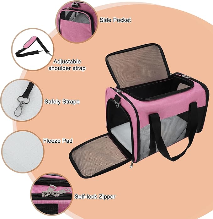 Pet Carrier, Breathable Mesh Design, Soft Cat Carrier with Shoulder Strap, Comfortable Travel Solution, Pink