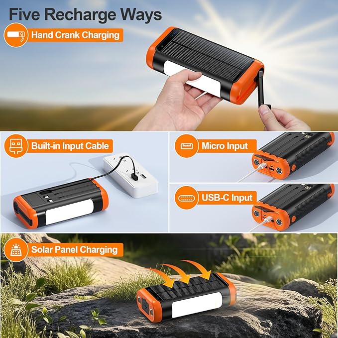 DJKK Solar Power Bank Portable Charger:66800mAh Built in Hand Crank and 3 Cables 22.5W Fast Charging Phone External Battery Pack(5 Outputs & 5 Inputs) with Camping Flashlights/Table Lamp/Compass