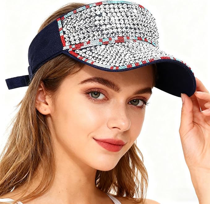 Bling Shiny Rhinestone Sports Sun Visor Hat for Women Summer Adjustable Breathable Beach Visor Caps Running Golf Sun Hat