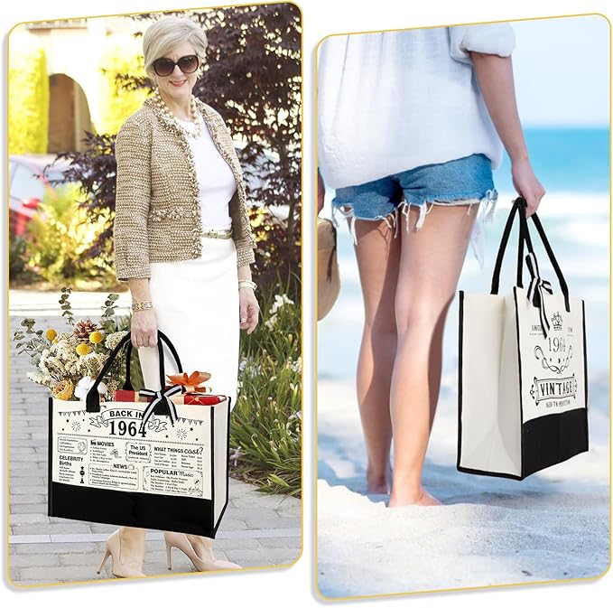 YeohJoy 61st Birthday Gifts for Her Canvas Tote Bag Travel Gear, Unique 61 Years Old Birthday Gifts for Girlfriend Sister Friends Women, Vintage 1964 Handbag & Cosmetic Bag & Back in 1964 Poster