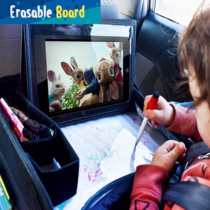 3 PK - Kids Car Seat Activity Tray | Inspire Active Toddlers & Big Kids for Years! Dry-Erase White Board & Eating Snack Travel Tray with No-Drop Tablet iPad Holder Stand & Art Supplies Storage Pocket