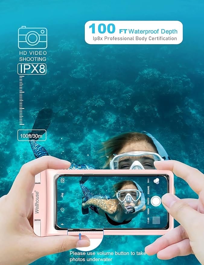 wellhouse Waterproof Phone Pouch, Waterproof Phone Case for iPhone 16 15 14 13 12 Pro Max XS Samsung, IPX8 3D Cellphone Dry Bag Beach Essentials (1 Pack - Pink7.0, 7 inch)
