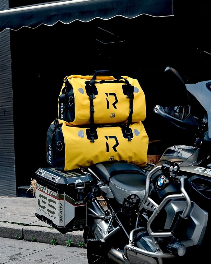 BORLENI Waterproof Motorcycle Dry Duffel Bag Luggage Tail Bag with Large Storage Space,Roll Top Closure, Shoulder Straps, Inner Pocket and Mesh Pocket for Motorcycling Travel Camping(Yellow,70L)