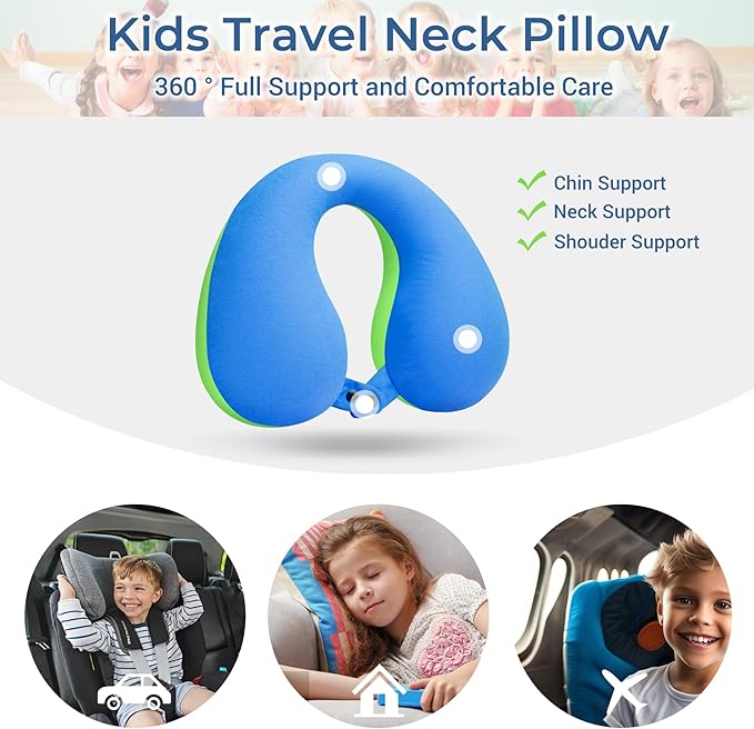COOLBEBE Kids Travel Neck Pillow, Softly Double Support Neck Pillow for Car & Airplane, Traveling Gifts for Toddler & Children (1, Bluish Green)