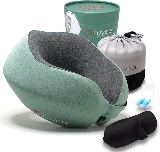 Premium Quality Memory Foam Travel Neck Pillow Bundle - Best Ergonomic Pillow for Airplane Travel, car Ride, Sleeping. Comes with Eye mask, earplugs and Storage Bag. (Imperial Green)