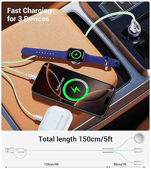 Temdan for Travel Vacation Essentials,3 in 2 USB C Cable for Apple Watch Charger/iPhone 17 Charger/Lightning,Multi Charging Cable Cord,Camping Essentials,Designed for iWatch &iPhone 16-12-5FT Green