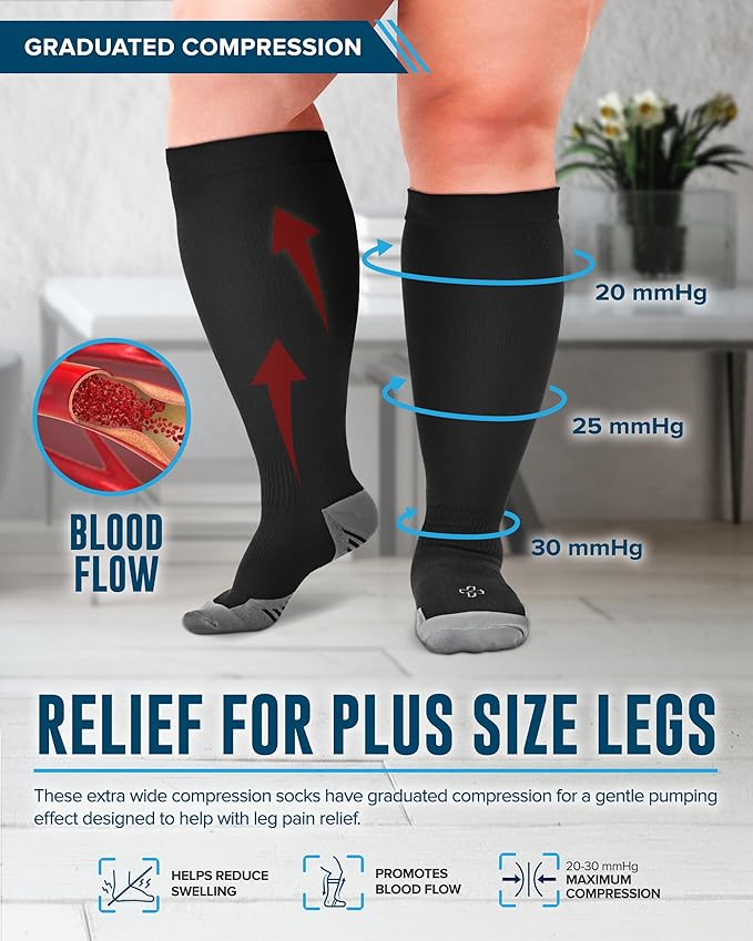 Doctor's Select 3 Pairs Plus Size Compression Socks Wide Calf - Up to 6XL | 20-30 mmHg Extra Wide Calf Compression Socks Women | Black