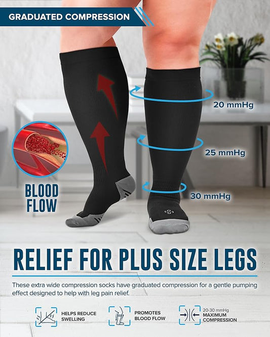 Doctor's Select 3 Pairs Plus Size Compression Socks Wide Calf - Up to 6XL | 20-30 mmHg Extra Wide Calf Compression Socks Women | Black