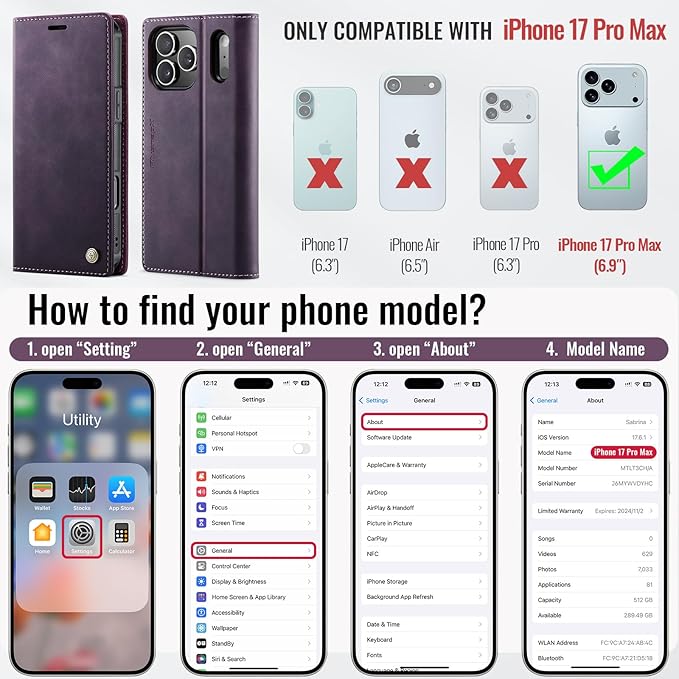 PlusnapX Wallet Case for iPhone 17 Pro Max Compatible with Magsafe, 2-IN-1 PU Leather Flip RFID Blocking Card Holder Stand Shockproof Magnetic Detachable Cover for iPhone 17 Pro Max 6.9", Retro Purple