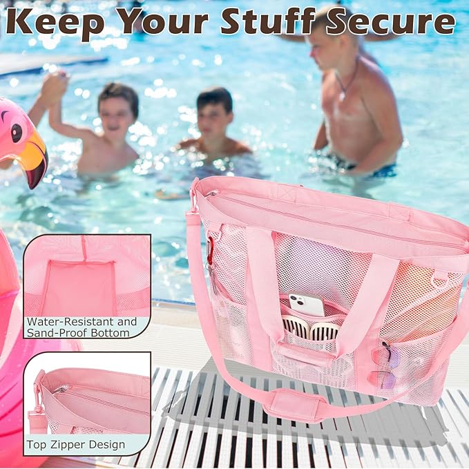 Mesh Beach Bag, Large Beach Tote with Zipper Pocket for Family Pool Bag for Toys & Vacation Essentials