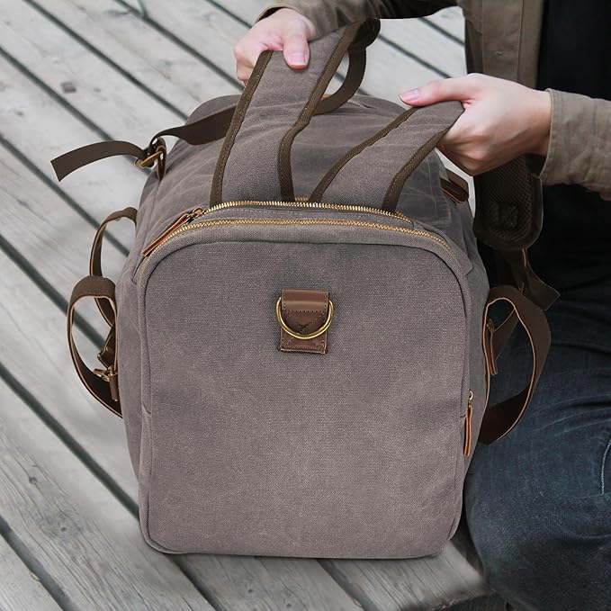 60L Travel Bags for Men, Nomad Canvas Duffle Bag Vintage Genuine Leather Travel Duffel Bag Multifunctional Weekender Overnight Backpack with Shoes Compartment (Grey, X Large-60L)