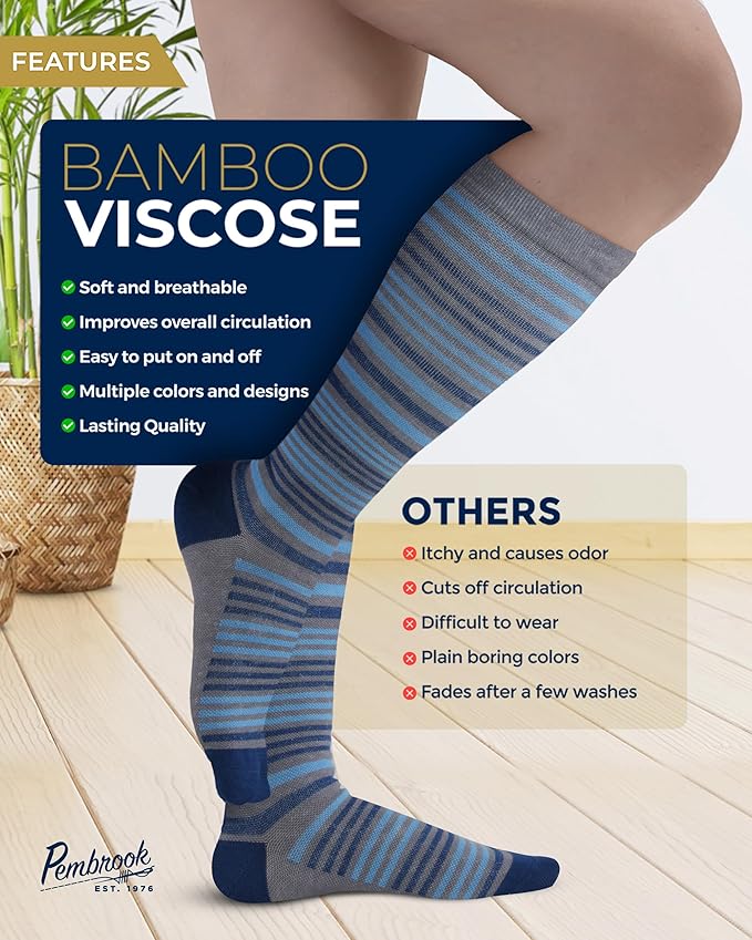 Pembrook Bamboo Viscose Light Compression Socks - 3 Pairs | 8-15 mmhg Compression Socks | Knee High Comfort Support Socks