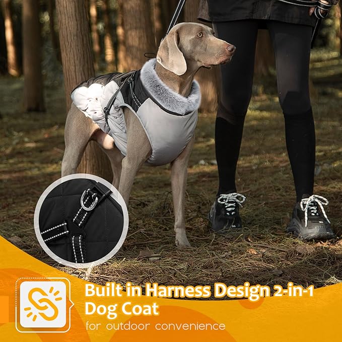 Abuandi Dog Winter Coat with Harness, Dog Jacket, Pet Clothes with Zipper on Back, Waterproof Windproof Warm Vest, Reflective Cold Weather Coats, for Small Medium Large Dogs, Thick, Black, 2XL