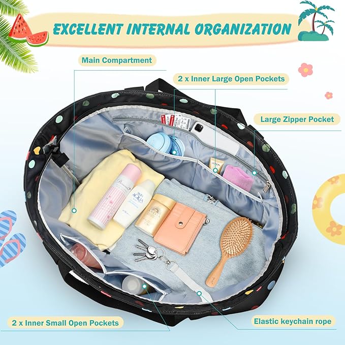 Extra Large Beach Bags for Women, Waterproof Sandproof Beach Tote Bag Zipper Foldable Swim Pool Bag with Wet Pocket